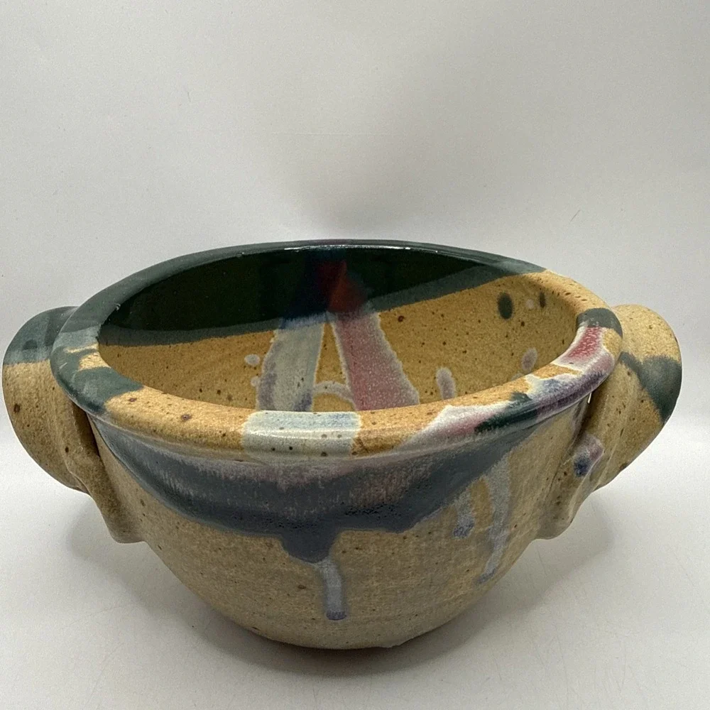 Ayers Pottery  Bread Baker Drip Glaze Handles Artist Signed 2013 4x7